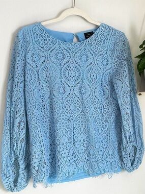 🩷WORTHINGTON SKY BLUE LACE 3/4 SLEEVE CASUAL BLOUSE LONG SLEEVE SIZE SMALL TREND